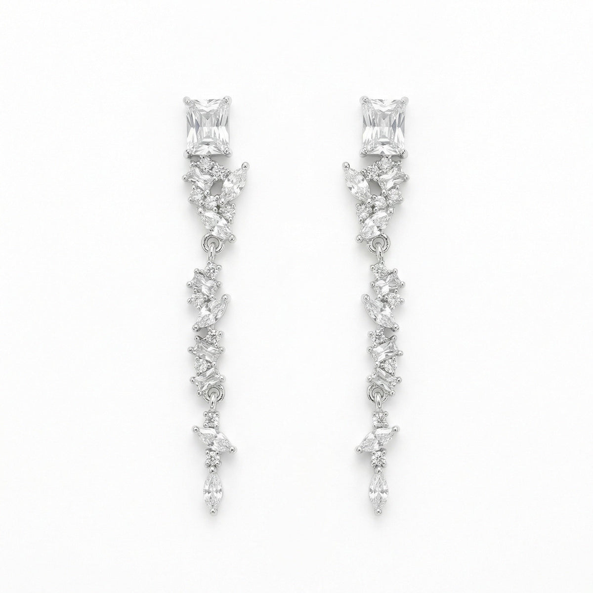 925 Sterling Silver Elegant Silver Crystal Dangle Earrings with Marquise and Radiant Cut Stones for Bridal Wear
