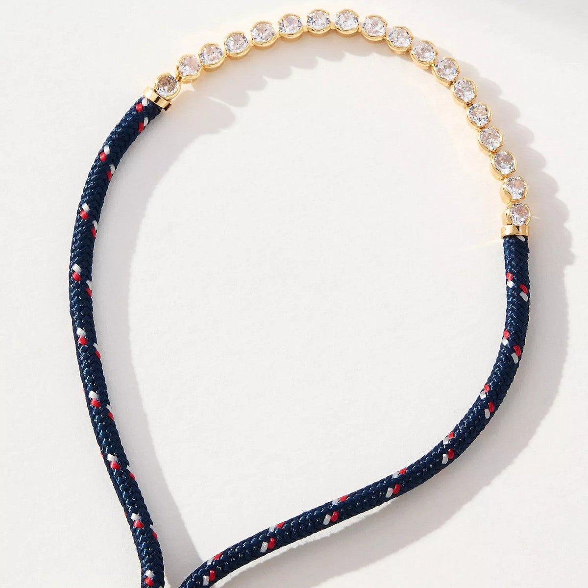 Off-white Brown-striped Woven Necklace With Diamond-encrusted Gold Chain