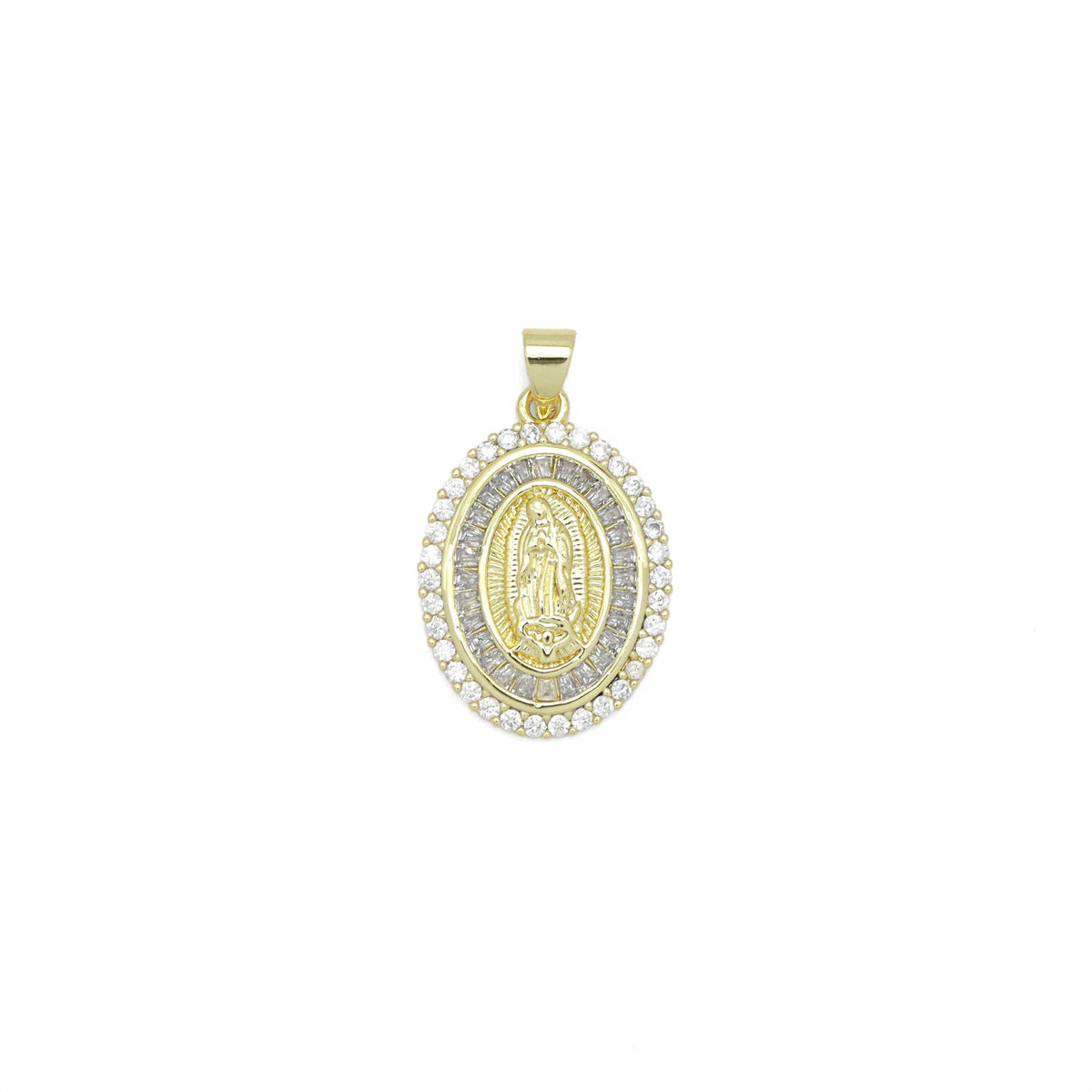 Clear Baguette CZ Gold Virgin Mary On Oval Charm Pendant, Sku#LX776