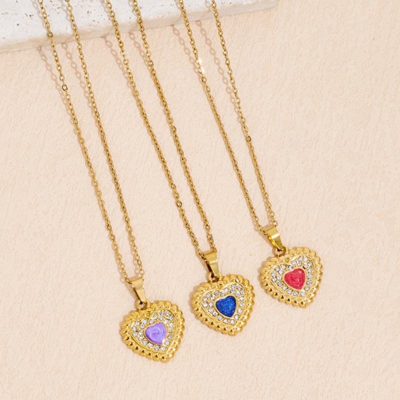 Stainless Steel Heart-shaped Drop-oil Inlaid Rhinestone Pendant Necklace