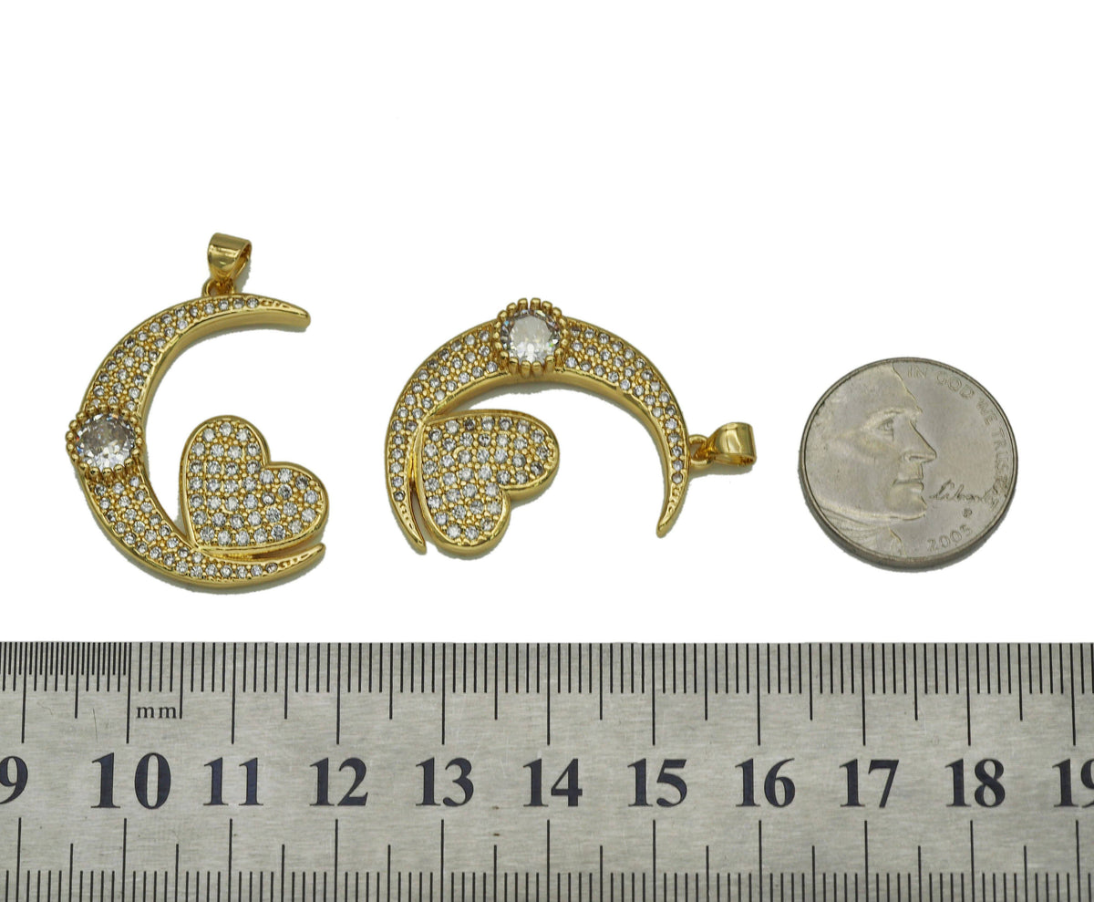 CZ Heart On Cresent Moon Charm, Sku#JL113