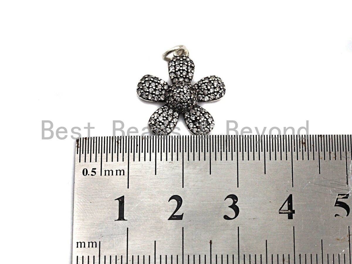 CZ Micro Pave Flower Pendant, Antique Silver Tone, Clear Cubic Zirconia Big Pave Flower Charm Pendant, 17x18mm,sku#F1008