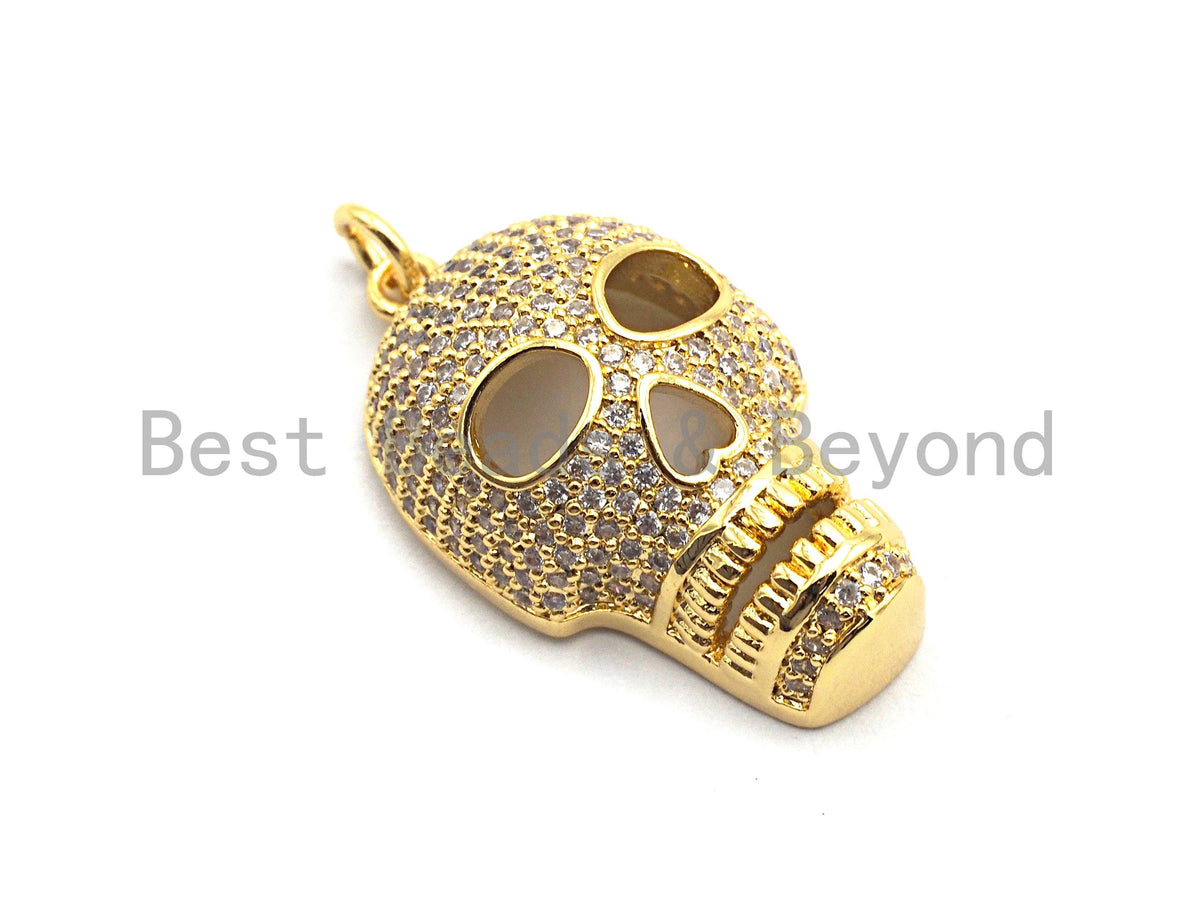 CZ Clear/Black Micro Pave Skull Pendant, CZ Pave Pendant, Gold/Rose Gold/Silver/Gunmetal plated,Halloween Pave, 9x16x28mm, Sku#F809