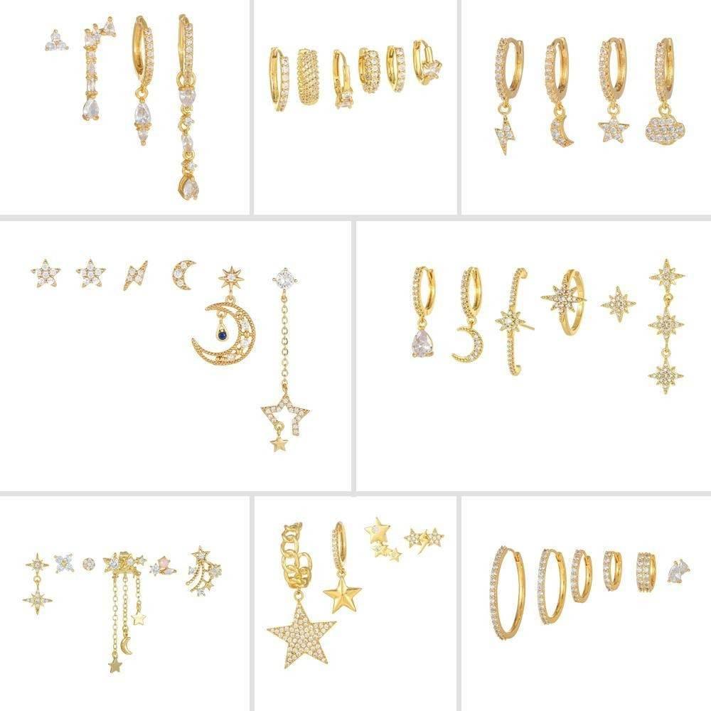 6pcs Celestial Star Moon Earrings Set, S925 Silver Posts, 18K Gold & White Gold Stud Drop Hoop, Stacked Lobe CZ Jewelry Gift Cubic Zirconia