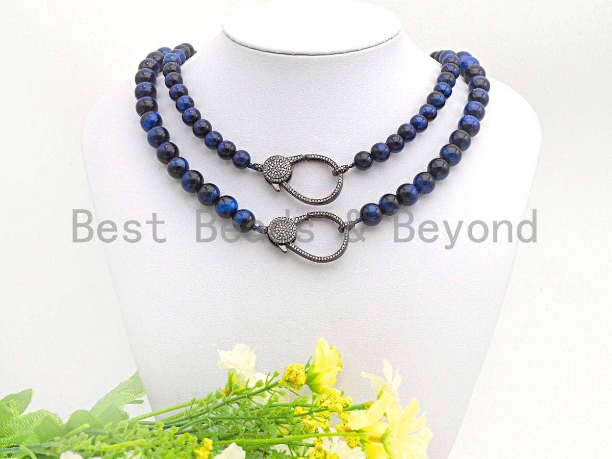 Blue Tiger Eye Attachment Necklace with Large CZ Pave Gunmetal clasp, 18 long, 8mm/10mm beads size, sku#D39