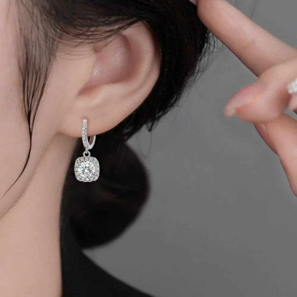 S925 Emerald Green Moissanite  or CZ Square Halo Earrings with Pavé-Set Halo & Hoop, 1ct D-Grade VVS1 Round Moissanite with GAR certification