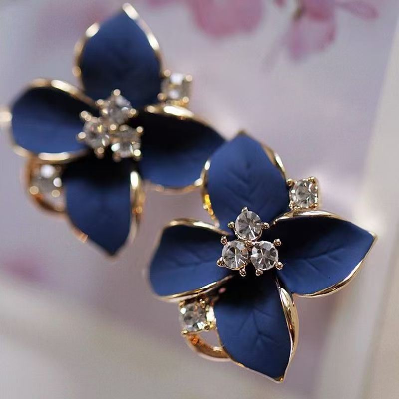 Versatile Korean Style Camellia Earrings, Diamond Inlaid Elegant Studs & Ear Cuffs