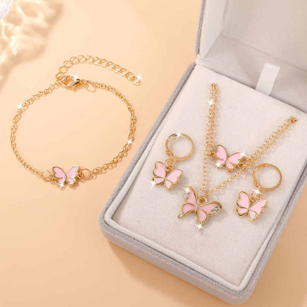 Temu's Best-Selling Double-Layer Stacked Oil-Dropping Butterfly Necklace, Fashionable And Simple Bracelet And Earrings Set Jewelry For Women