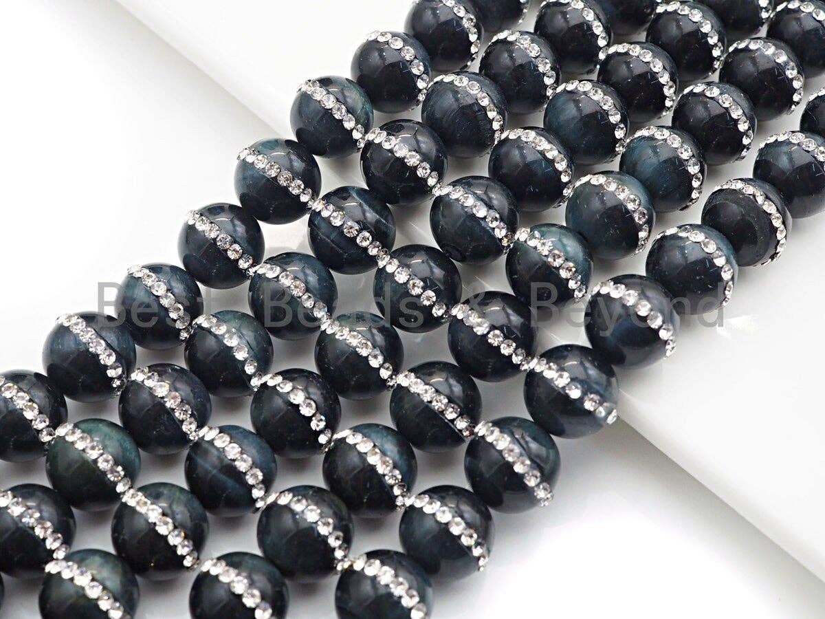 Dark Blue Tiger Eye with Rhinestone Inlaid,6mm/8mm10mm/12mm, SKU#V49