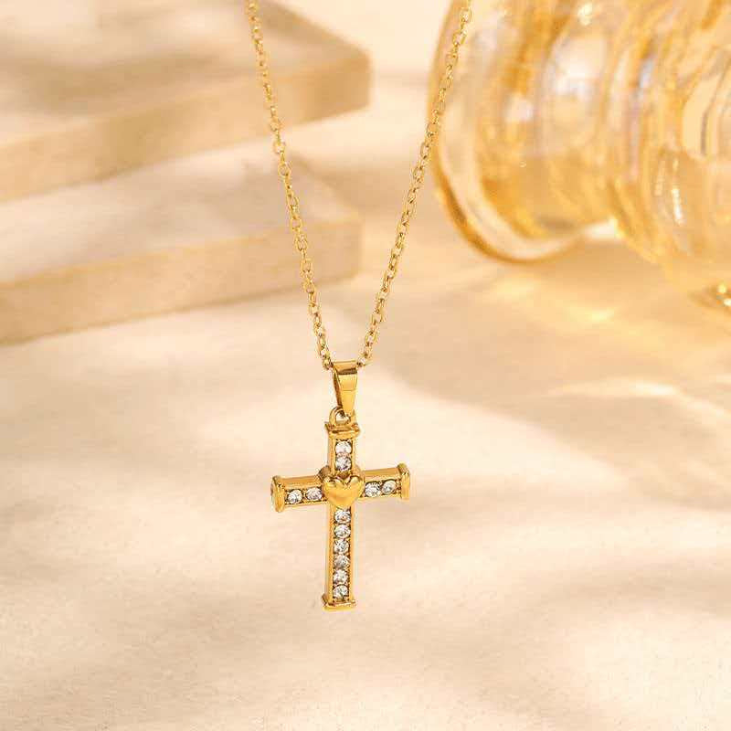 Stainless Steel Inlaid Rhinestone Heart-shaped Cross Pendant Necklace