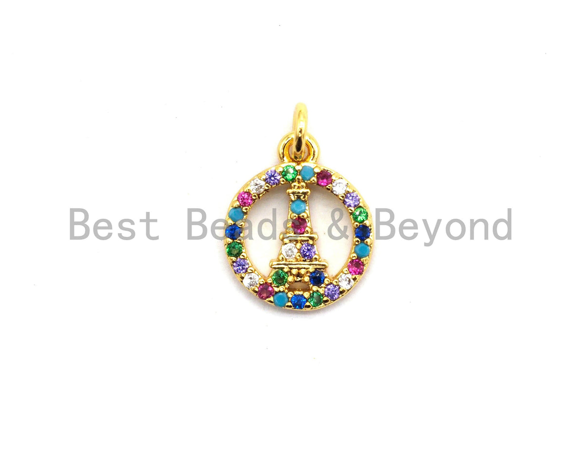 CZ Colorful Micro Pave Round With Eiffel Tower Pendant, Hollow out Round Shaped Pave Pendant, Gold plated, 10x12mm, Sku#F722