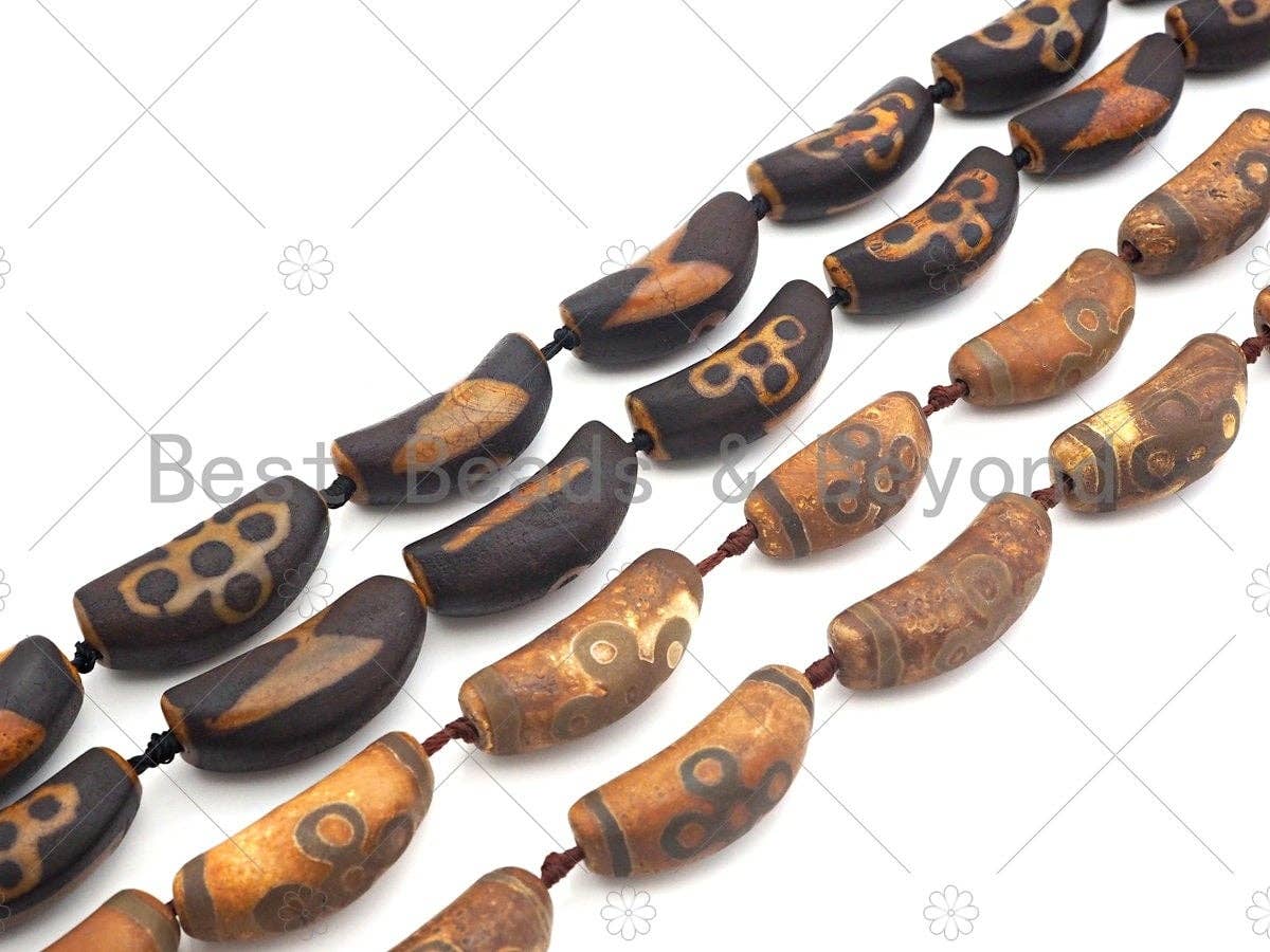 Natural Brown Agate Curve Spacer Beads, Lightning Flower Agate Pendant Beads, Brown Dark Brown Tibetan Dzi Beads, 43x16mm, Sku#U1128