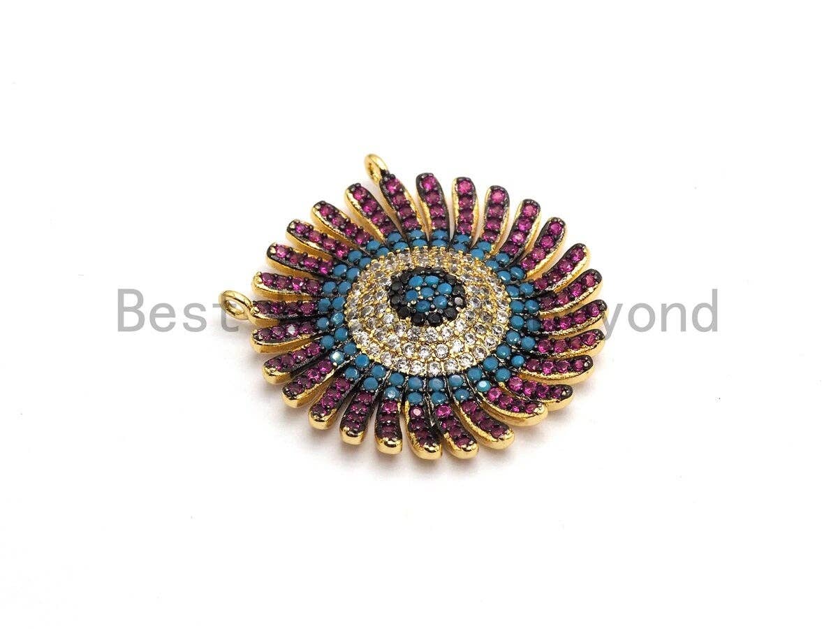 CZ Micro Pave Cobalt/Fuchsia/Green Sunflower Pendant, CZ Pave Focal Pendant, Gumental plated,28mm, sku#F653