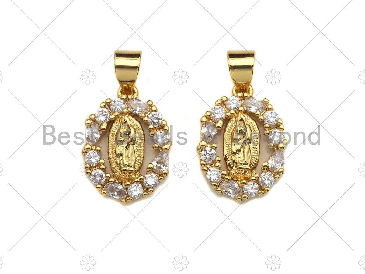 18K Gold Virgin Mary On Oval Emblem Shape Pendant, Oval Charm,  Sku#F1150C