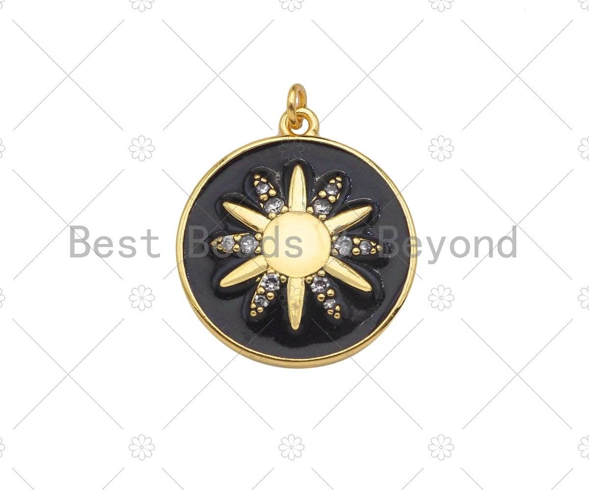 18K Gold Sunflower On Black White Enamel Round Coin Shape Pendant,CZ Micro Pave Enamel Medallion Charm, Enamel Jewelry, 24x21mm,Sku#B132