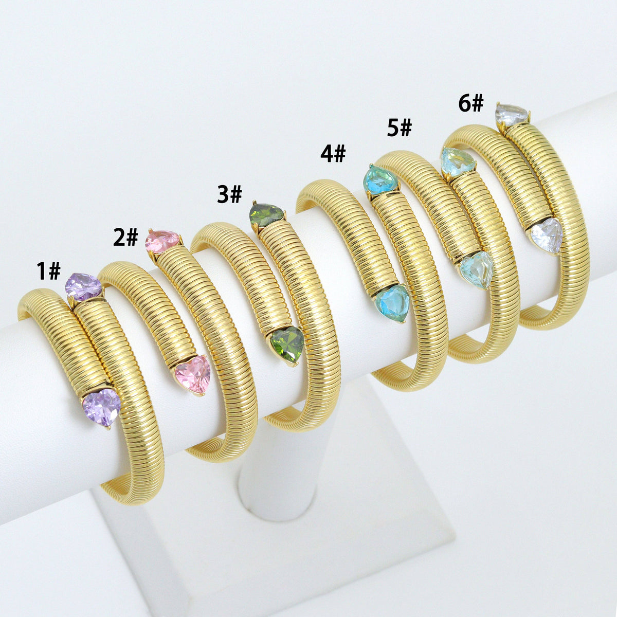 Colorful Heart CZ Tip Gold Snake Bangle Adjustable Bracelet, Sku#O129