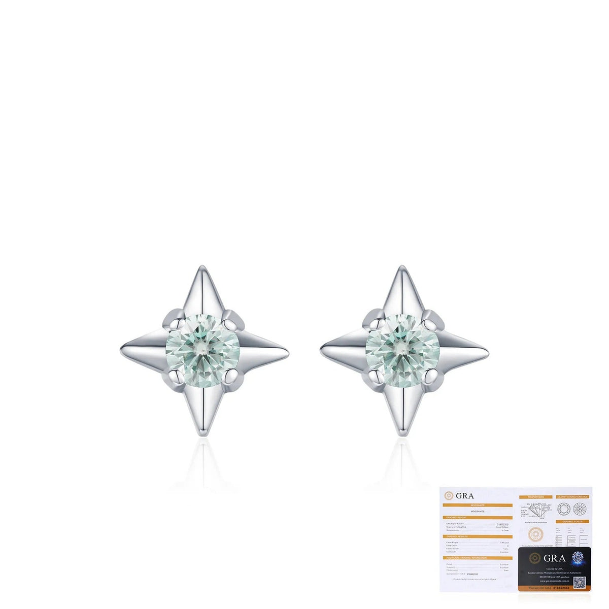 Geometric Star Stud Earrings in Sterling Silver with Green D-Color VVS1 Moissanite