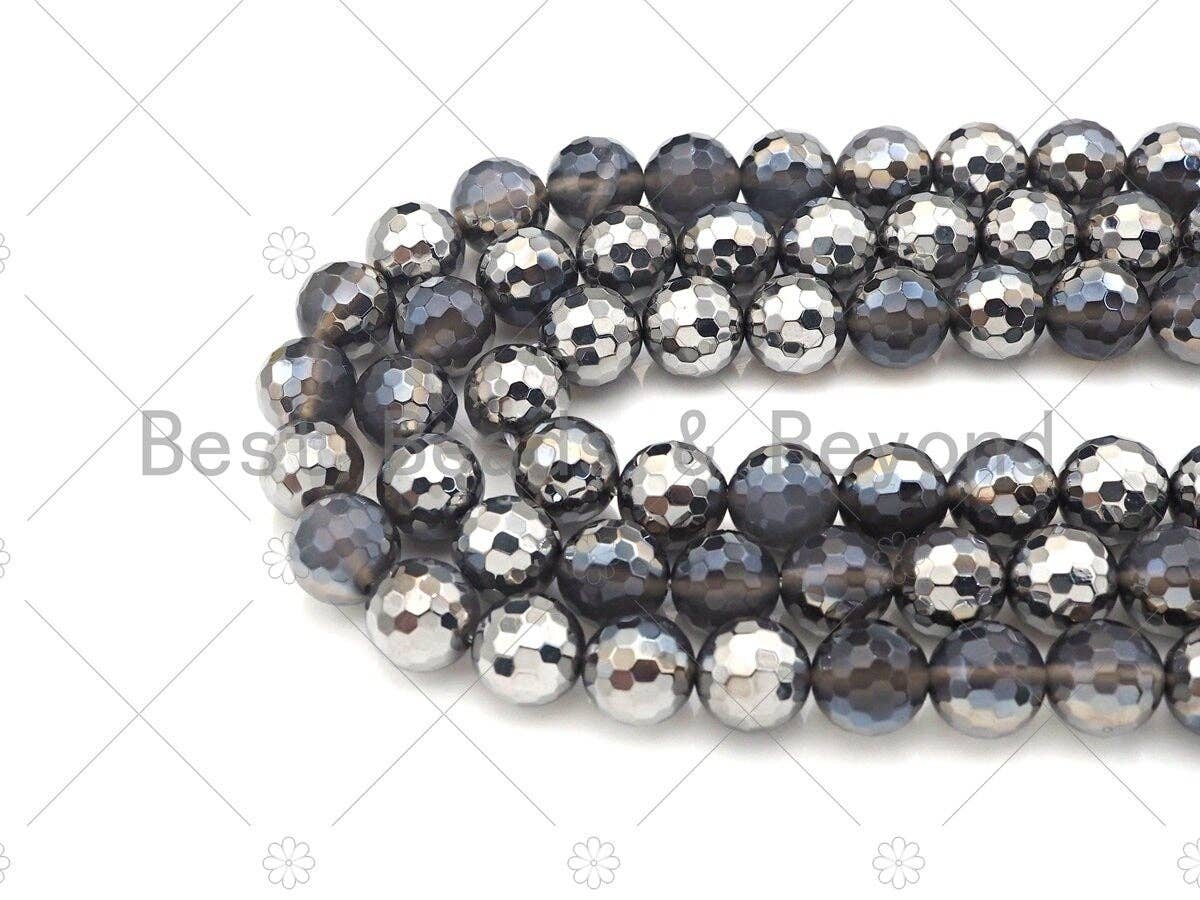 Half Silver Plated Grey Agate Beads, 10mm/12mm Round Faceted Gray Silver Beads, 15.5" Full Strand, sku#UA158
