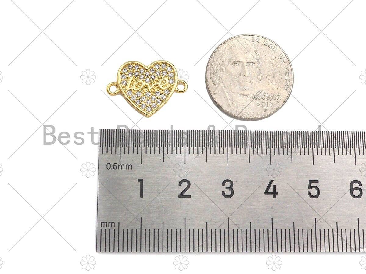 CZ Micro Pave Love Word On Heart Shape Connector, Cubic Zirconia Heart Connector Beads, 18K Gold Bracelet Connector, 14x19mm, Sku#LK314