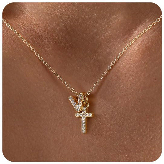 Zircon Inlaid 26 Letter Cross English Necklace
