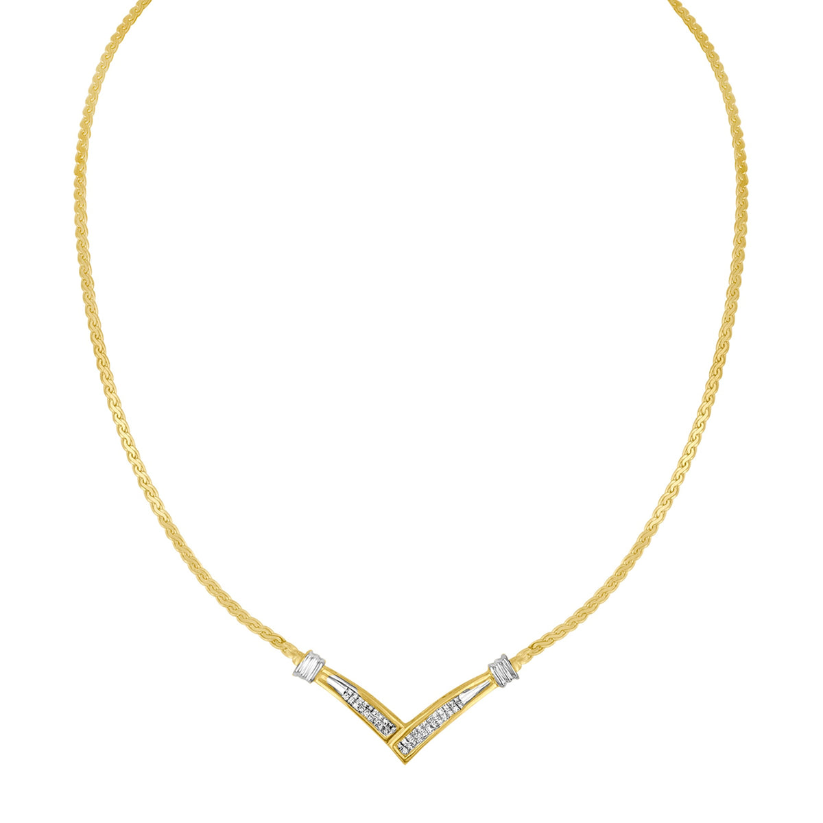 10K Yellow and White Gold 1/2 Cttw Princess Cut Diamond Channel-Set â€œVâ€ Shape 18" Franco Chain Necklace (H-I Color, SI2-I1 Clarity)