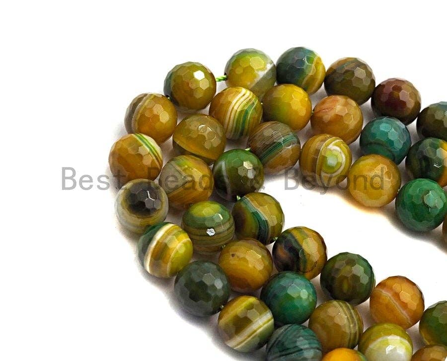 High Quality Faceted Green Yellow Banded Agate beads, 6mm/8mm/10mm/12mm Agate Gemstone beads, Natural Agate Beads, 15.5inch strand, SKU#U455