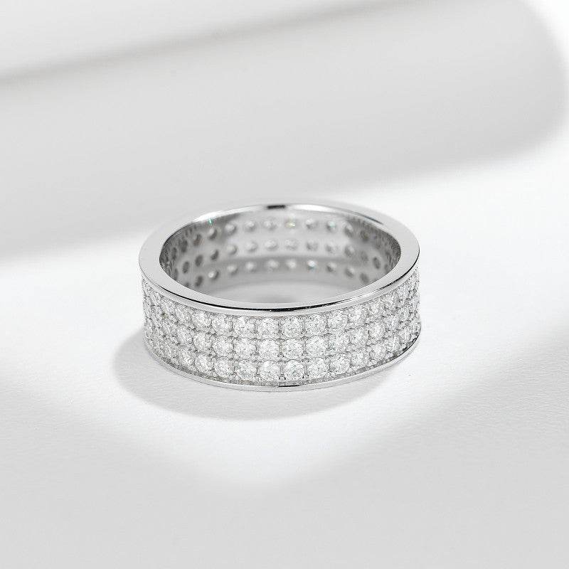 S925 Moissanite Matching Couple Eternity Bands Wedding Rings, Two-Row 1ct & Three-Row 1.8ct, D-Grade VVS, 18K White Gold Plated Unisex Rings