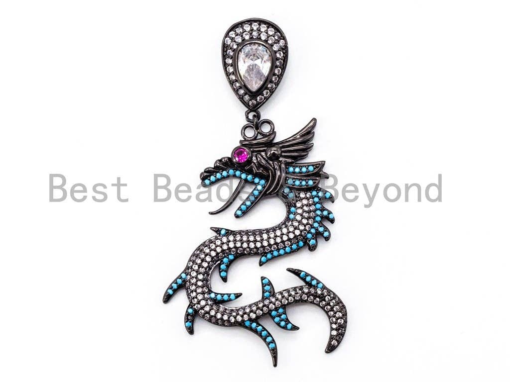 CZ Micro Pave Dragon Pendant, Cubic Zirconia Pendant, Turquoise/Silver/Fuchsia/Violet/Cobalt, 37x70mm, SKU#F318