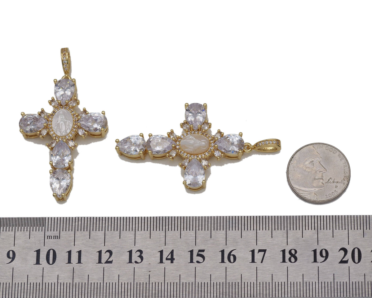 Teardrop CZ Cross With MOP Virgin Mary Charm, Sku#L658