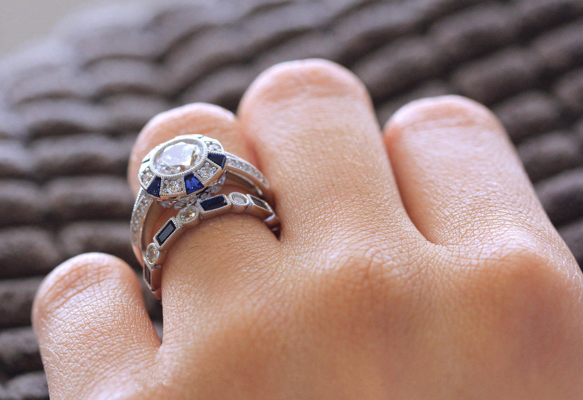 Synthetic Blue Topaz Square Diamond Female Rings