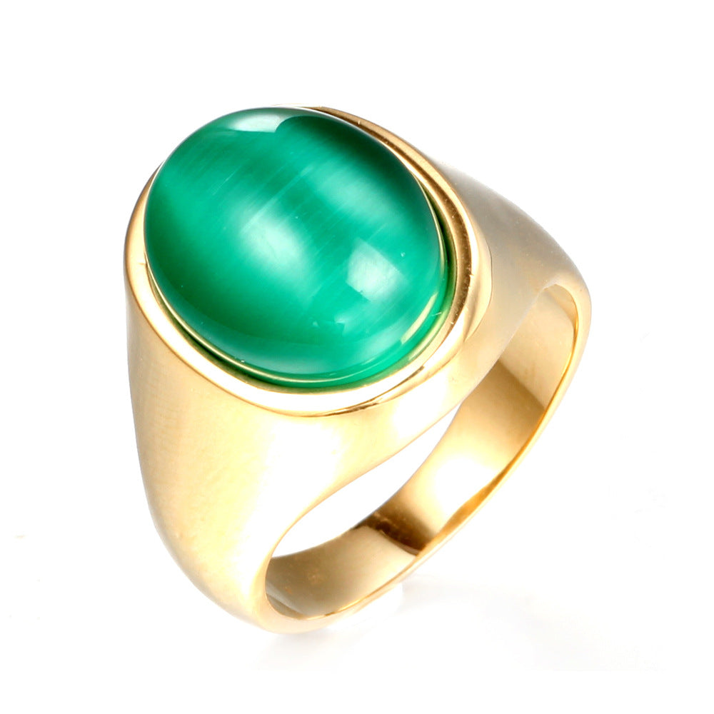 Men's Titanium Steel Green Opal Gold Rings