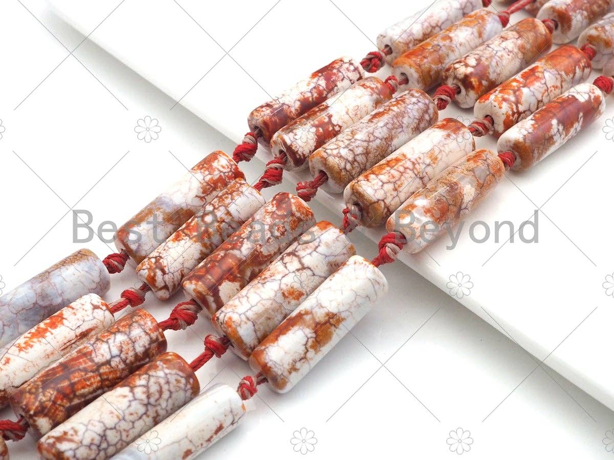 Natural Red White Agate Cylinder Spacer Beads, Tibetan Agate Spacer Beads, Tibetan Dzi Beads, 10x30mm, Sku#U1016