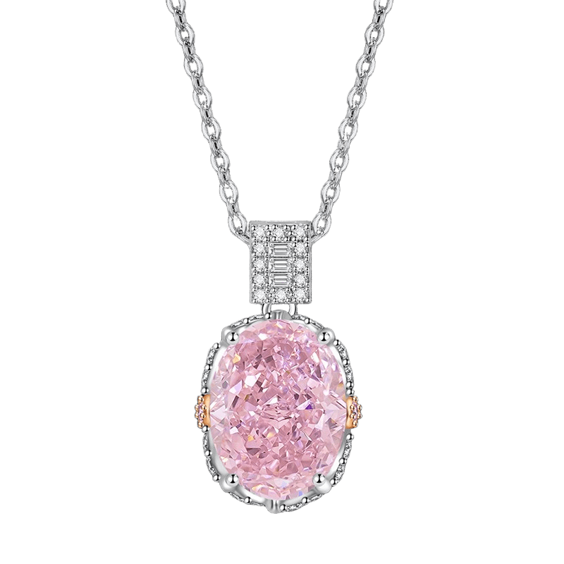 Multicolor Ice Flower Cut Oval CZ Pendant Necklace, 10*14mm 8A Cubic Zirconia, Two-Tone Pave CZ Halo with Pavé Top Frame, Adjustable Chain