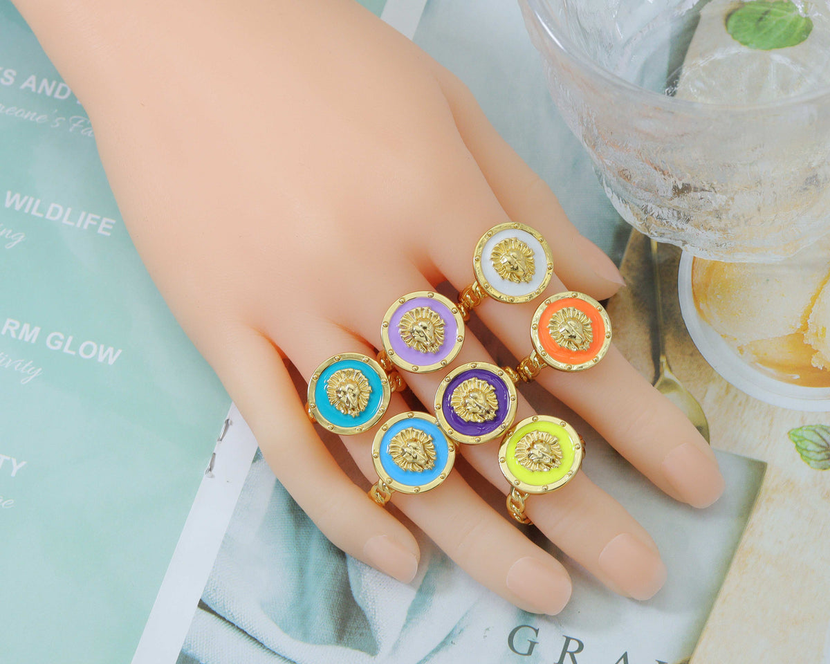 Enamel Lion Head Adjustable Ring, Sku#X297