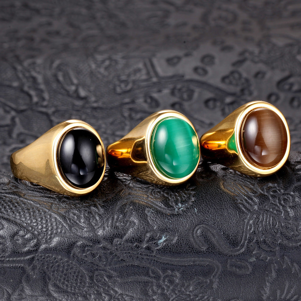 Men's Titanium Steel Green Opal Gold Rings