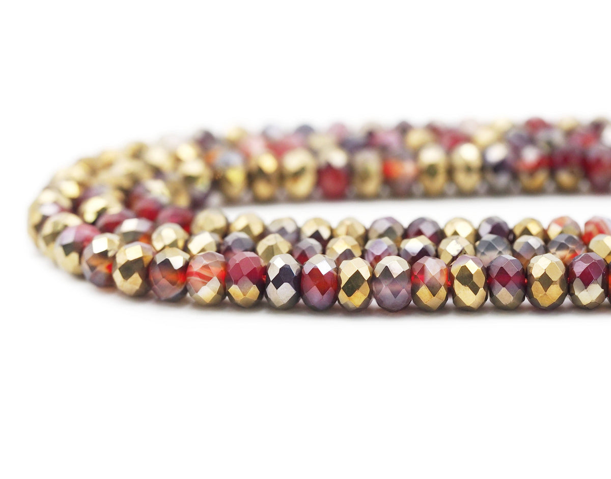 Half Gold Plated Natural Orange Red Banded Agate Rondelle Faceted Beads, Sku#UA274