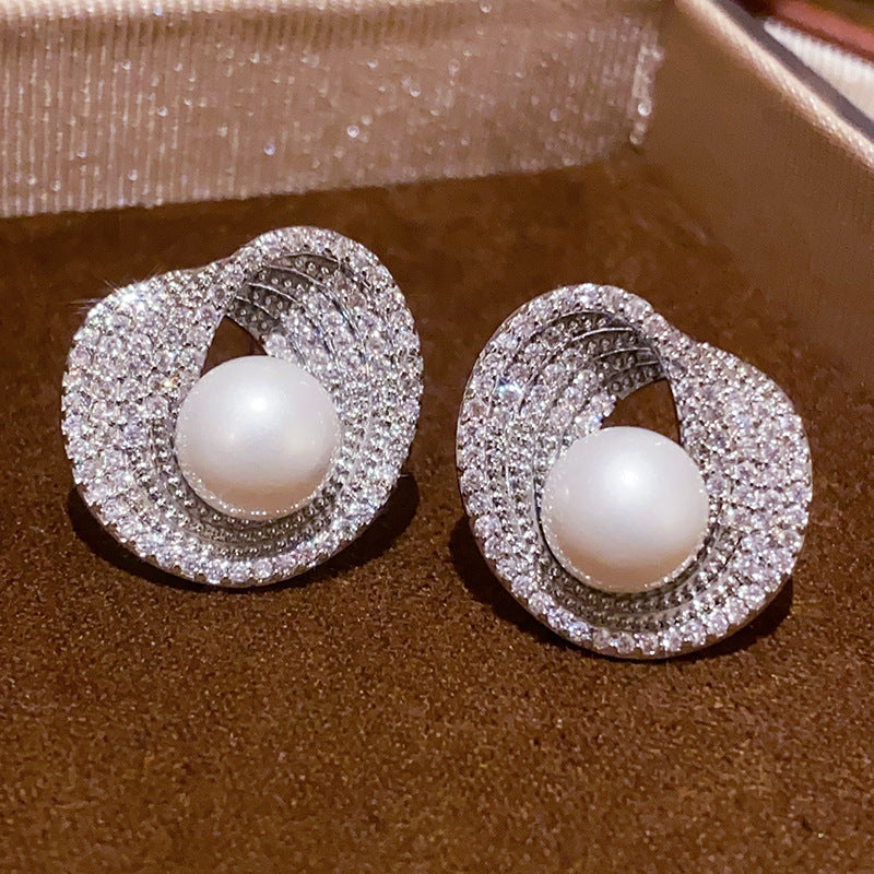 Silver Needle Zircon Irregular Round Pearl Fashionable All-Match Earrings