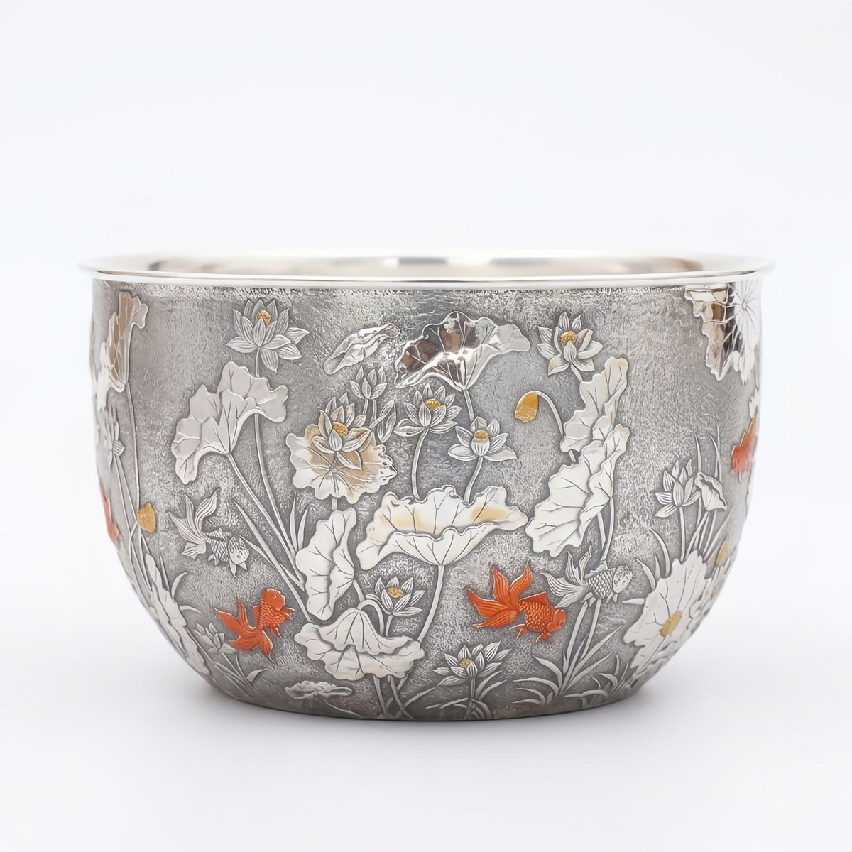 925 Sterling Silver Artisanal Silver Bowl Featuring Ornate Lotus Garden and Swimming Red Fish - Handicraft