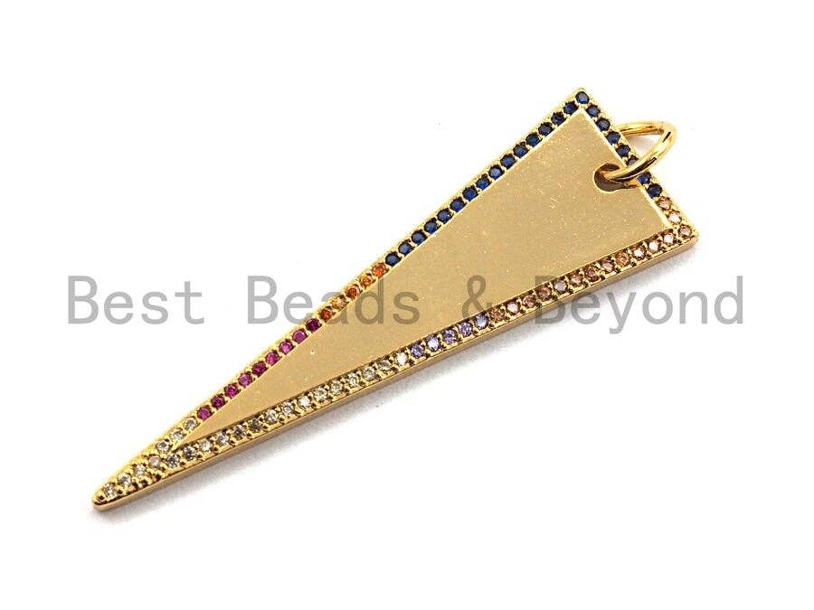 CZ Colorful Micro Pave Flat Triangle Gold Pendant, Triangle Shaped Pave Pendant, Gold plated, 14x48mm, Sku#F875