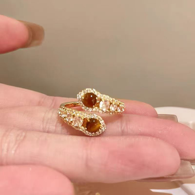 Maillard Tiger Eye & Zircon Ring For Women, 2026 New Style, Light Luxury High-End Index Finger Ring, Fashion Personality Band