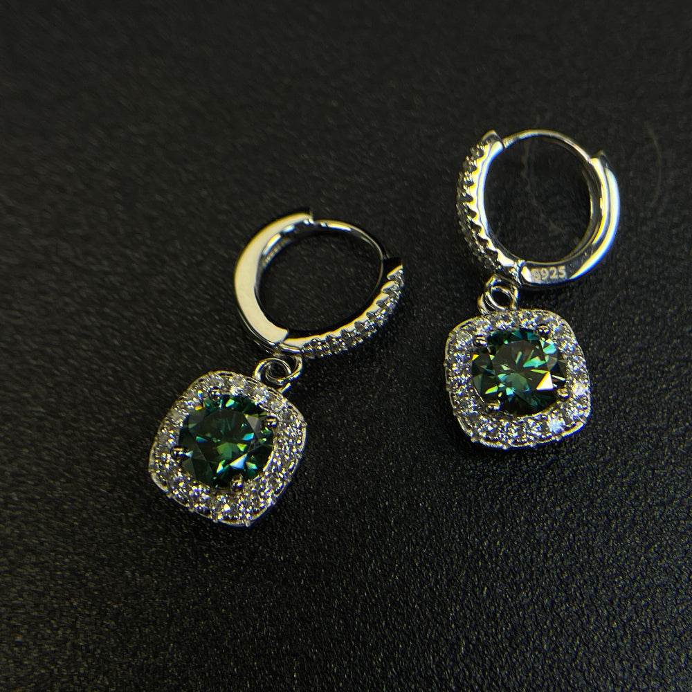S925 Emerald Green Moissanite  or CZ Square Halo Earrings with Pavé-Set Halo & Hoop, 1ct D-Grade VVS1 Round Moissanite with GAR certification