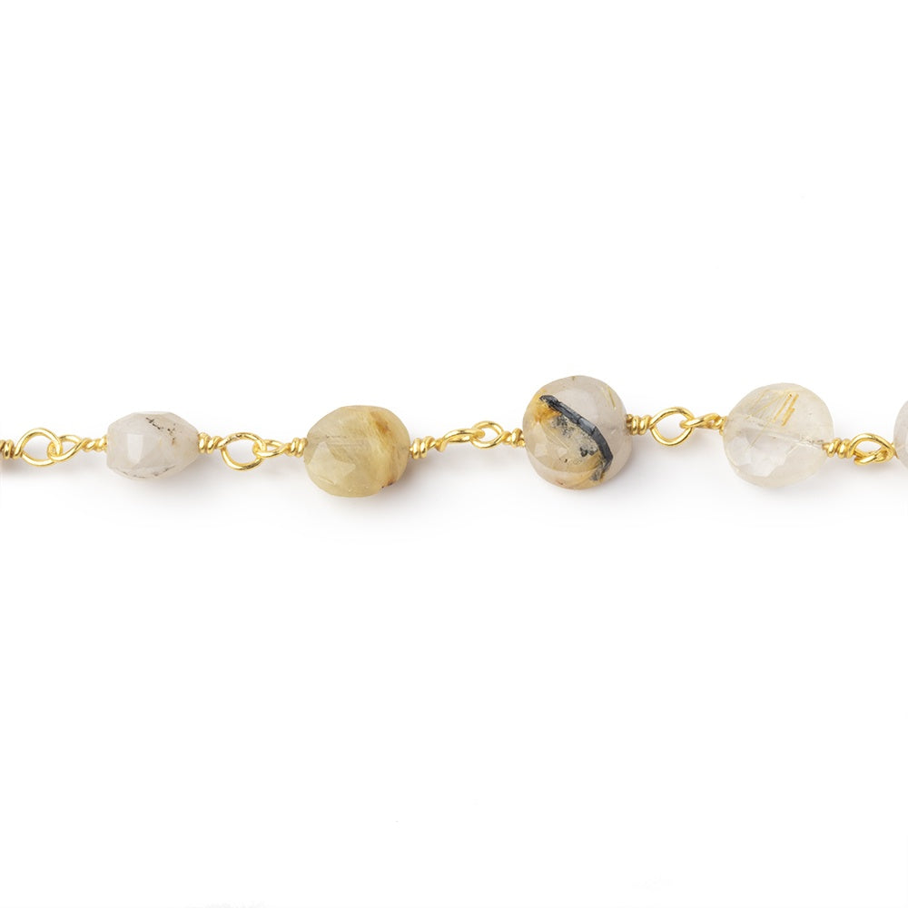 5-6mm Rutilated Quartz faceted coin Gold plated Chain by the foot 25 pieces