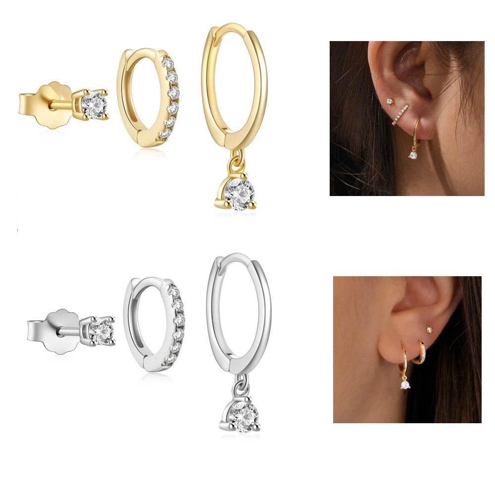 Stacking 3 Pieces Twinkle Charm LuxeHoop & Stud Earring Set with Zircon, 18k Gold Plated Ear Studs and Drops