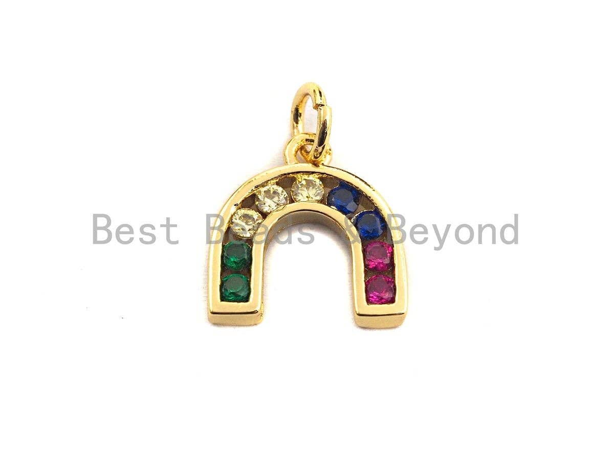 CZ Colorful Micro Pave Baguette Horseshoe Shape Charm, Reversed U Shape Pave Pendant, Gold plated, 12x12mm, Sku#F955