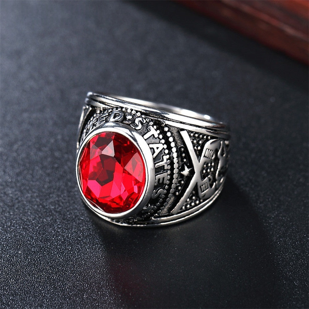 Personalized Punk Gemstone Mens Titanium Steel Military Navy Ring