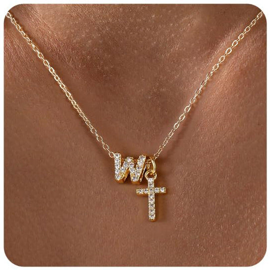 Zircon Inlaid 26 Letter Cross English Necklace