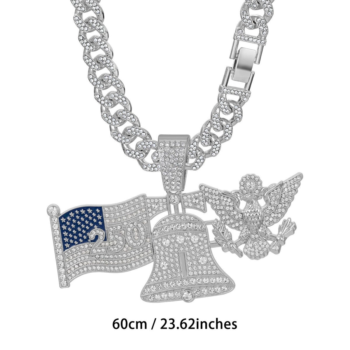 American 250Th Anniversary Liberty Bell White Eagle Pendant Necklace Alloy Diamond-Encrusted Cuban Chain Hip-Hop Accessory