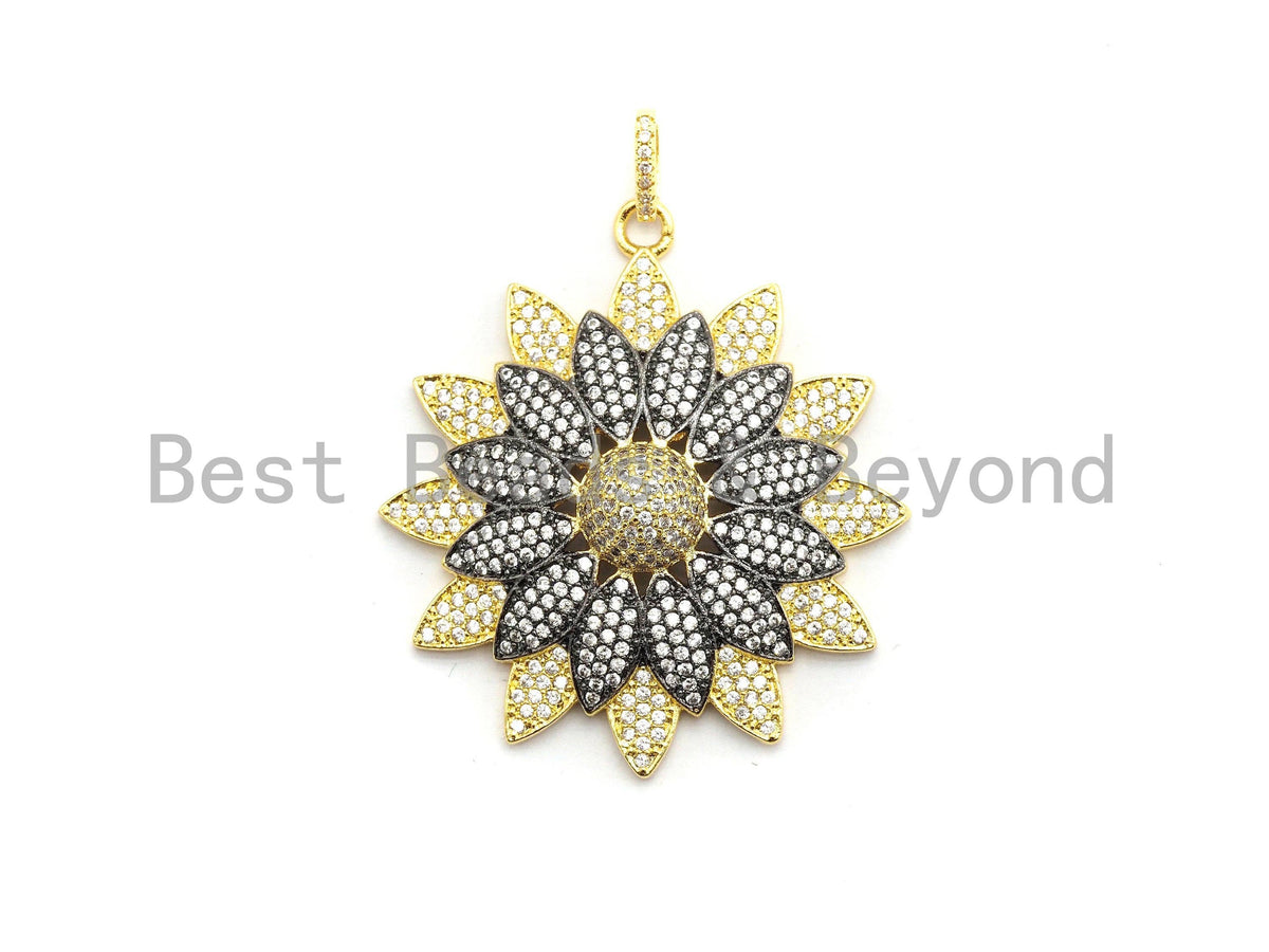 40mm Dual Color Cz Micro Pave Flower Pendant, Cubic Zirconia Pave Floral Pendant in Gold/Rose Gold/Black/Sliver Finish,sku#F662