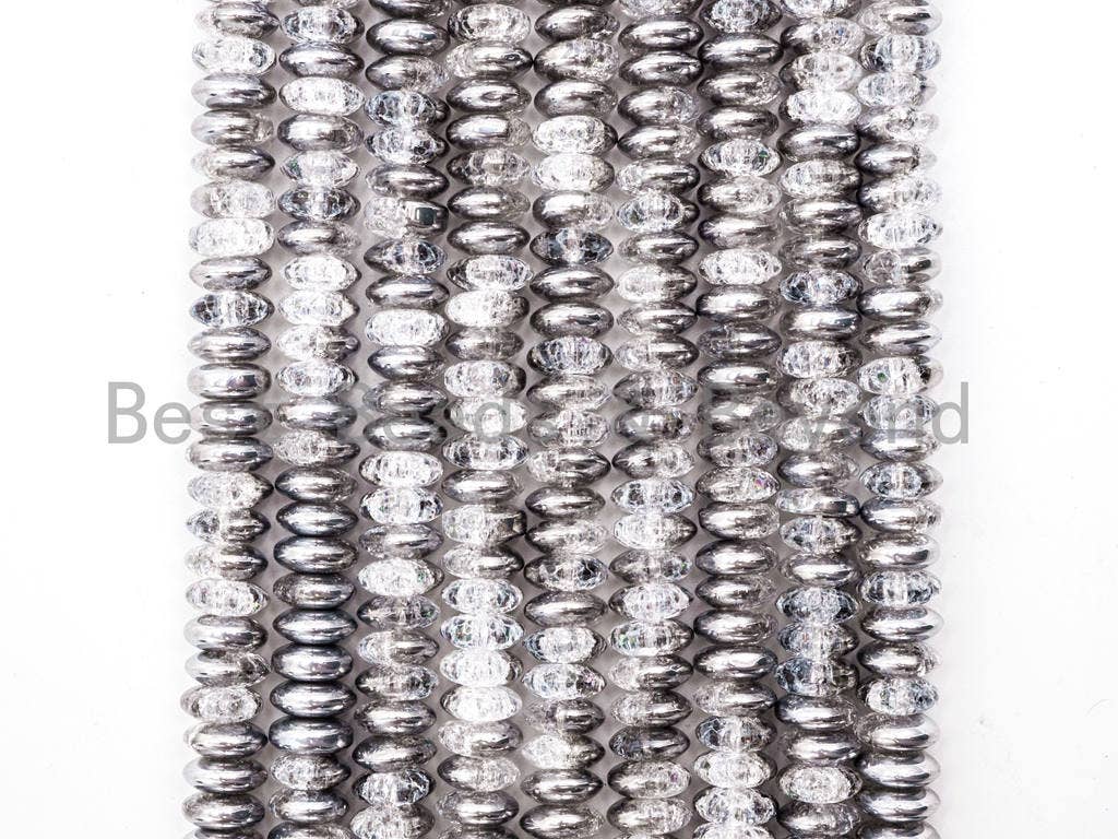Crack Quartz beads Half Silver Plated, 4x6/5x8/6x10mm Rondelle Saucer Man Made Quartz Beads, Gray Silver Clear Beads, 16inch strand, SKU#U56