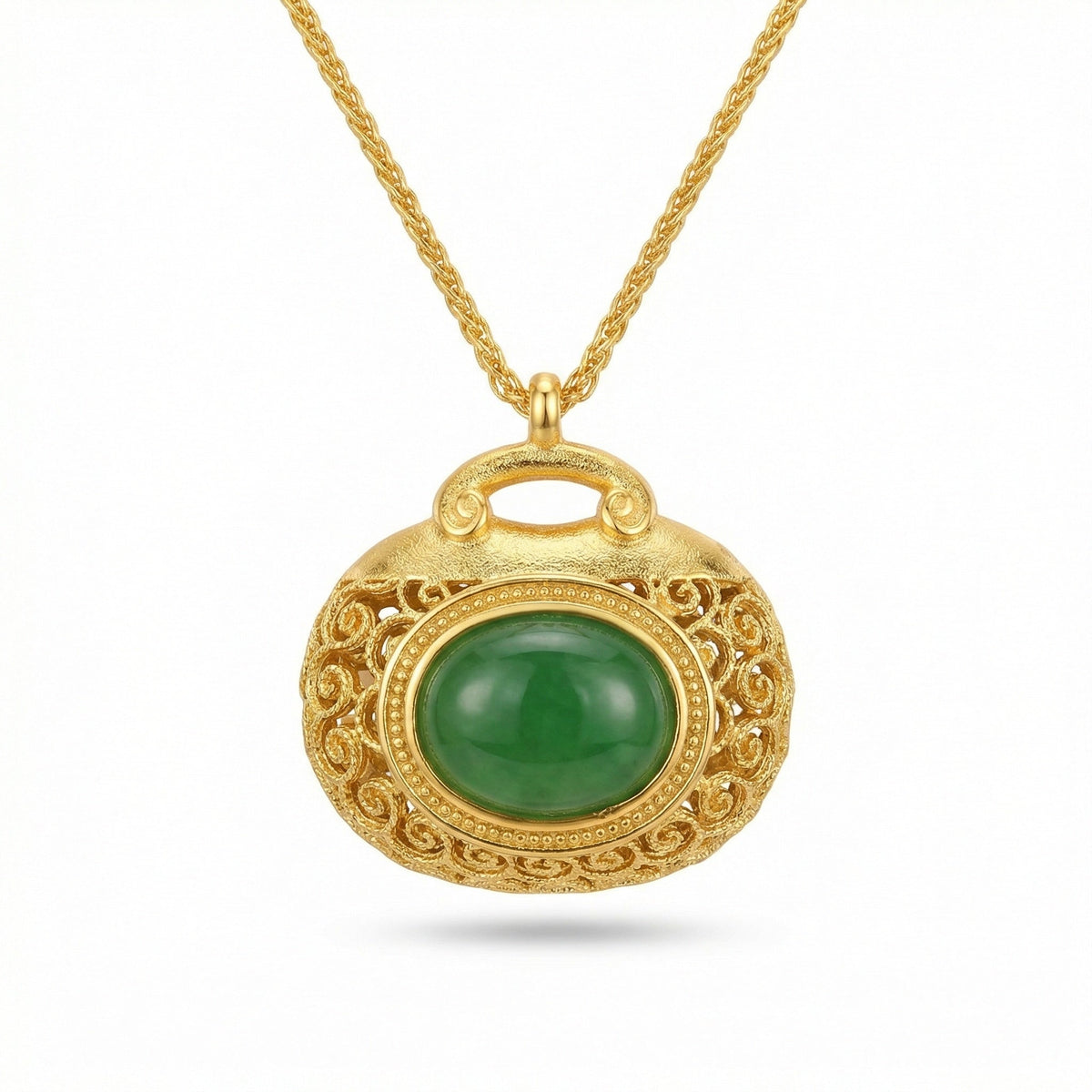 925 Sterling Silver Elegant Filigree Green Jadeite Pendant Necklace with Intricate Textured Metallic Detail